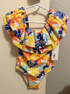 Girl toddler swim Janie and Jack Yellow Multi Tropical Ruffle One-Piece Swimsuit